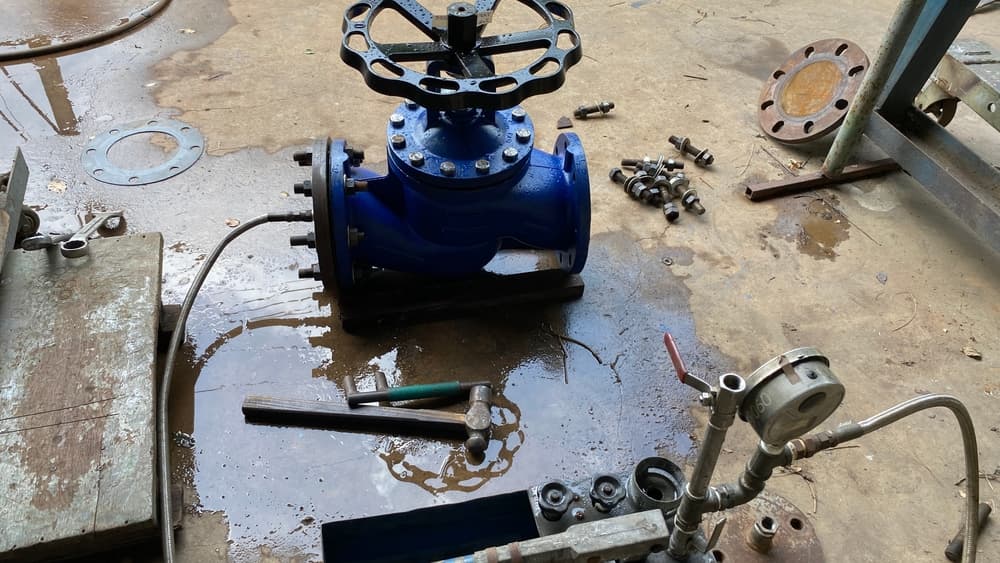 Industrial valve undergoing maintenance and pressure testing